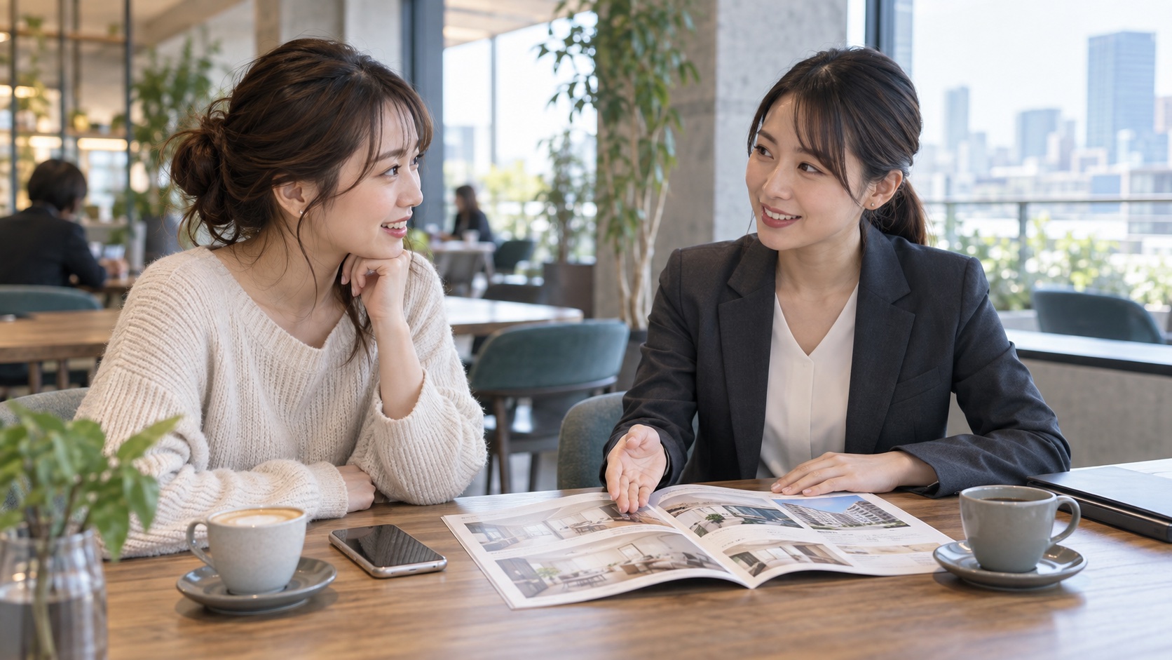 カフェで住み替え相談に寄り添う賃貸エージェント
